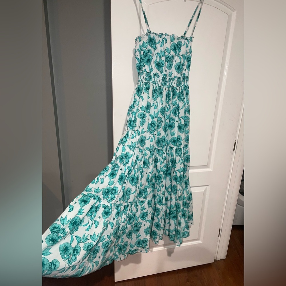 CELINA MOON Teal Floral Smocked Bodice Tiered Maxi Dress - Picture 5 of 11